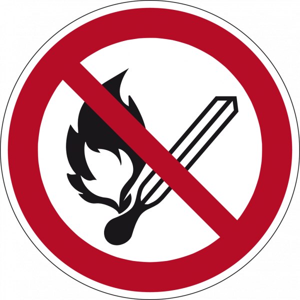 Schild Keine offene Flamme; Feuer, offene Zündquellen und Rauchen verboten