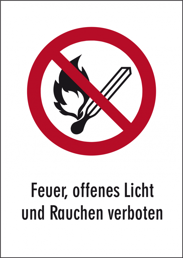 Schild Keine offene Flamme; Feuer, offene Zündquellen und Rauchen verboten