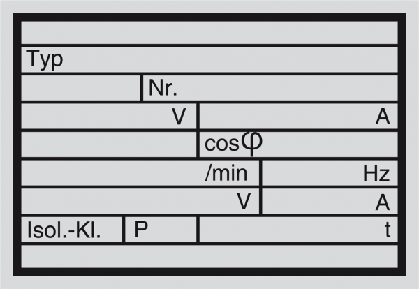 Typenschild V A cos/ min Hz V A Isol-Kl. Pt