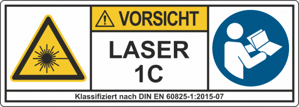 Laser Warnschild "VORSICHT LASER 1C, Klassifiziert nach DIN EN 60825-1:2015-07, Alternativkennzeichnung"