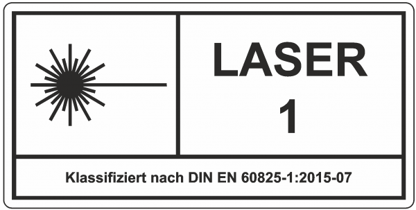 Laser Warnschild LASER 1, Klassifiziert nach DIN EN 60825-1:2015-07, Alternativkennzeichnung