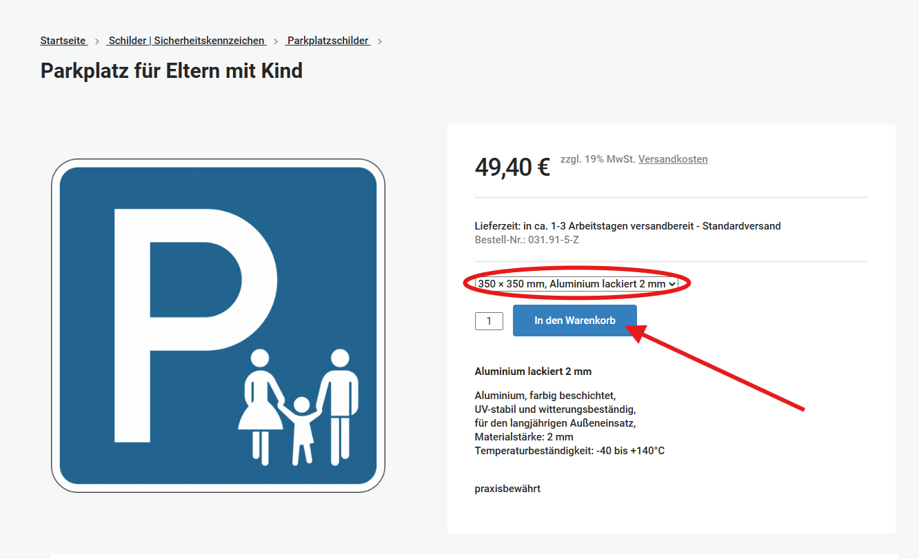 Anleitung Bestellprozess Produkt Material und Größe