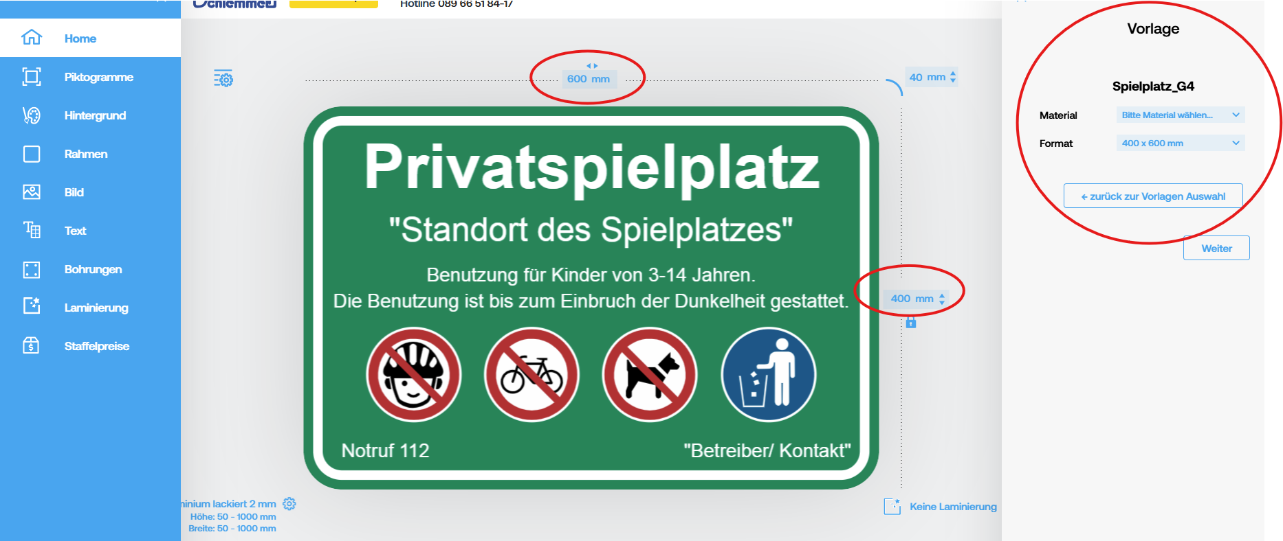 Schilder Konfigurator Vorlagen Anleitung Größe Material