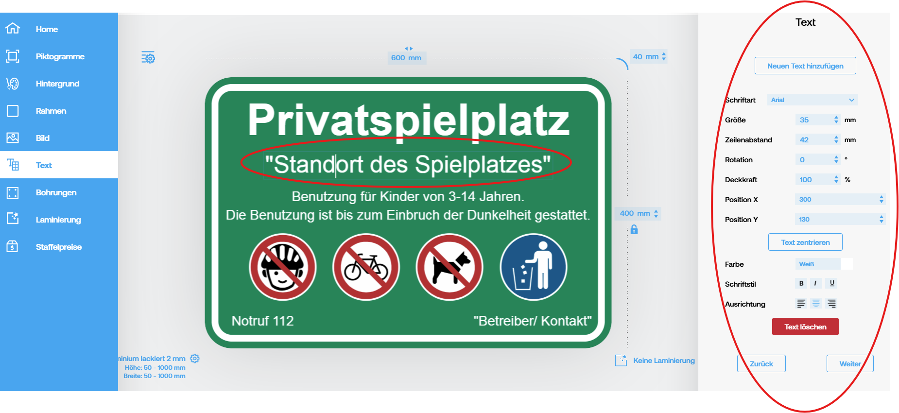 Schilder Konfigurator Vorlagen Anleitung Text anpassen