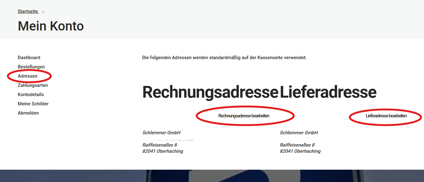 Schlemmer Schilder Shop Anleitung Kundenkonto Adressen