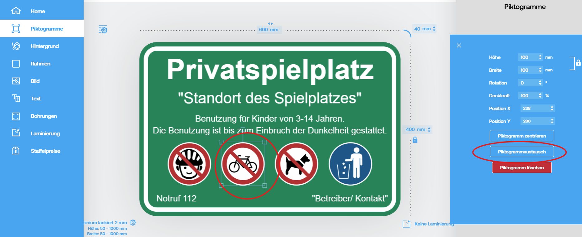 Schilder Konfigurator Vorlagen Anleitung Piktogrammtausch