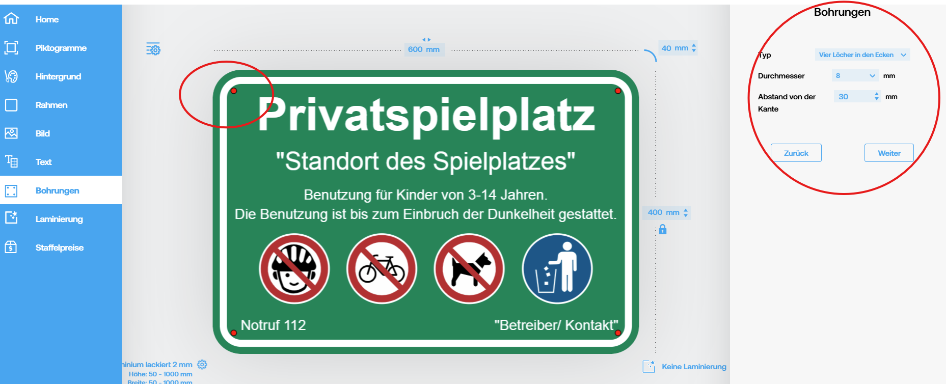 Schilder Konfigurator Vorlagen Anleitung Bohrungen