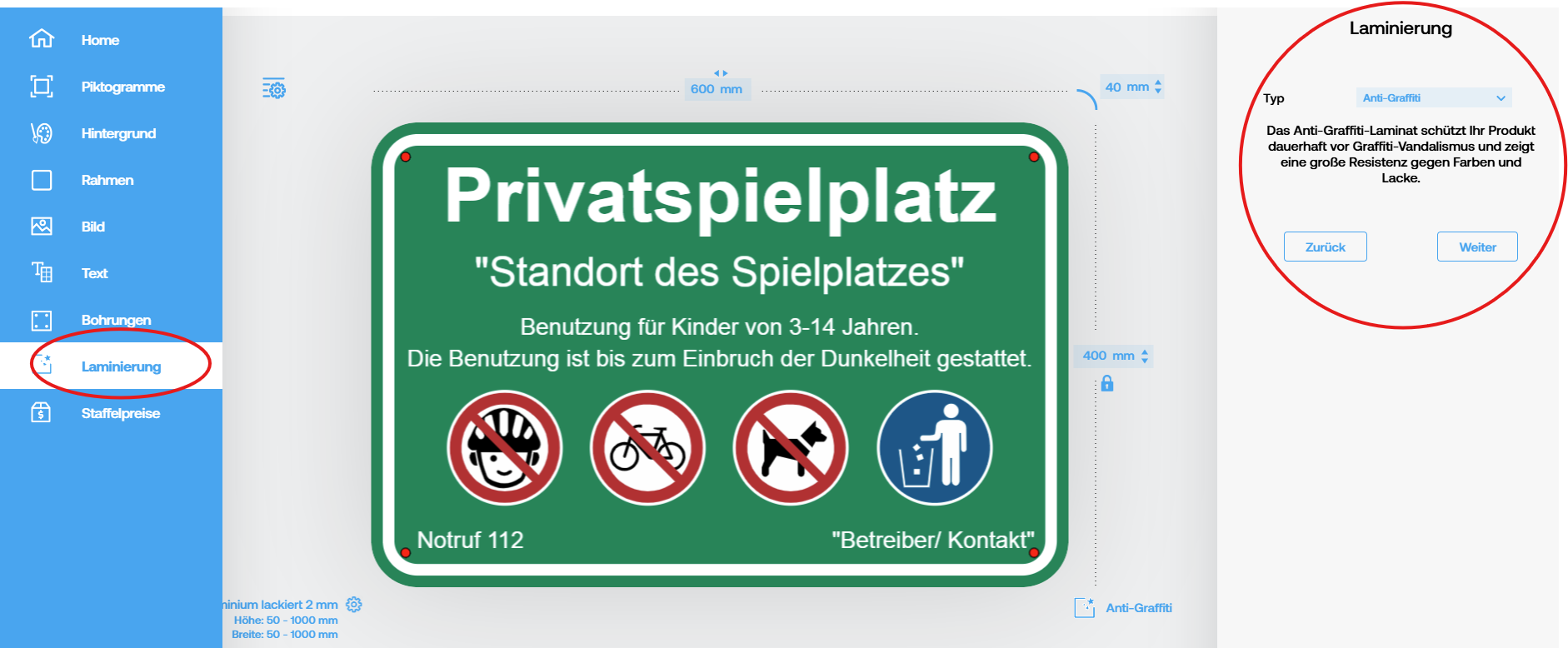 Schilder Konfigurator Vorlagen Anleitung Laminat