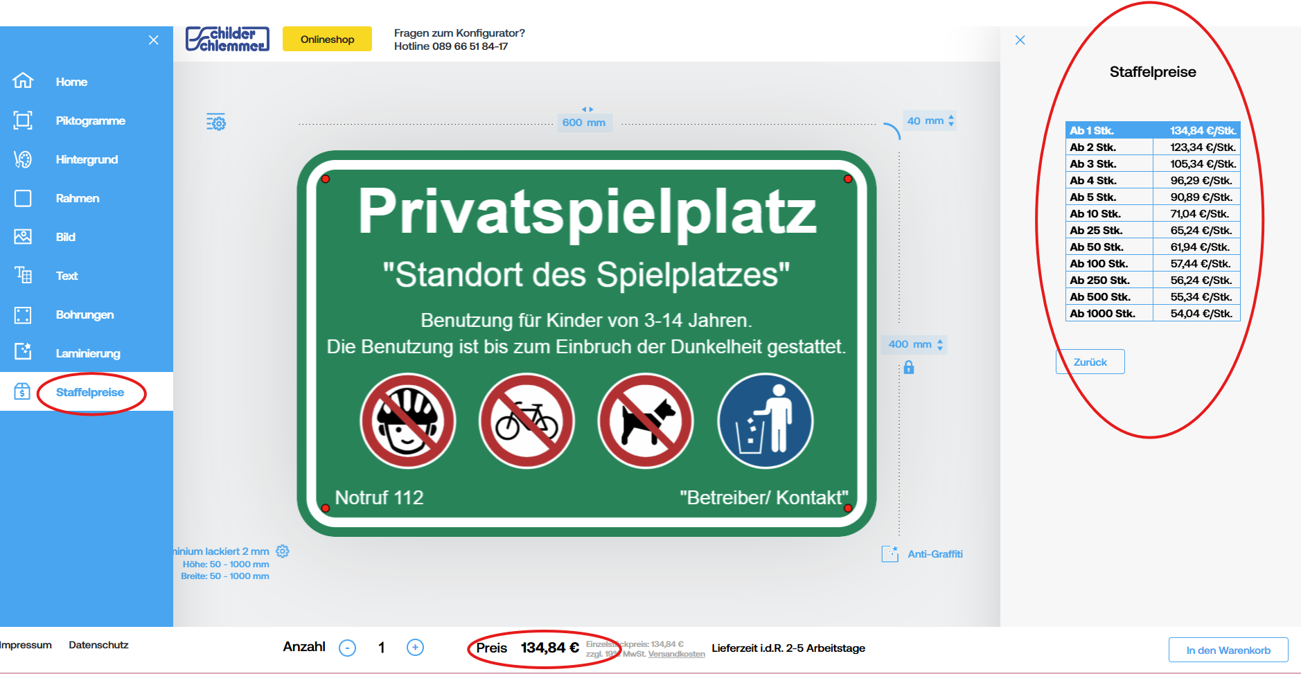 Schilder Konfigurator Vorlagen Anleitung Preise
