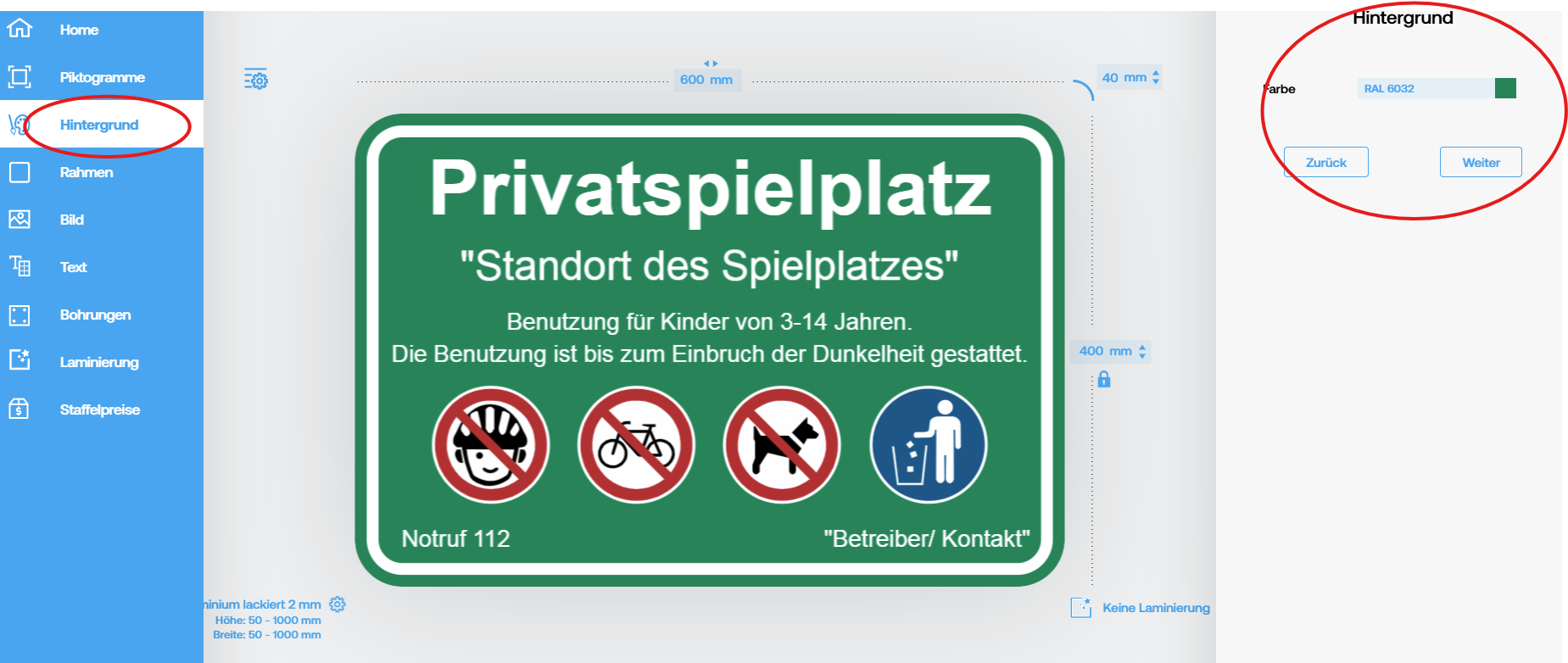 Schilder Konfigurator Vorlagen Anleitung Hintergrund
