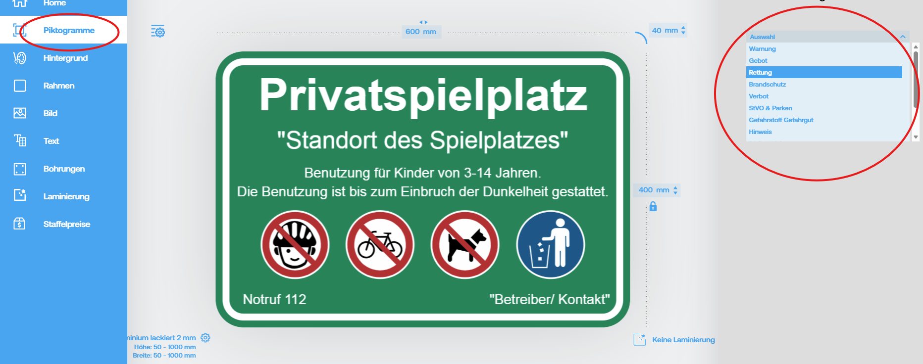 Schilder Konfigurator Vorlagen Anleitung Zusatz Piktogramm