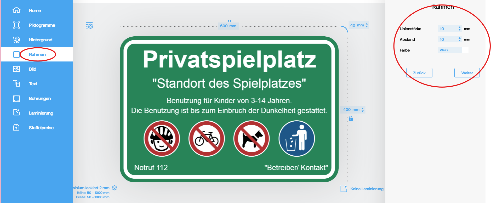 Schilder Konfigurator Vorlagen Anleitung Rahmen